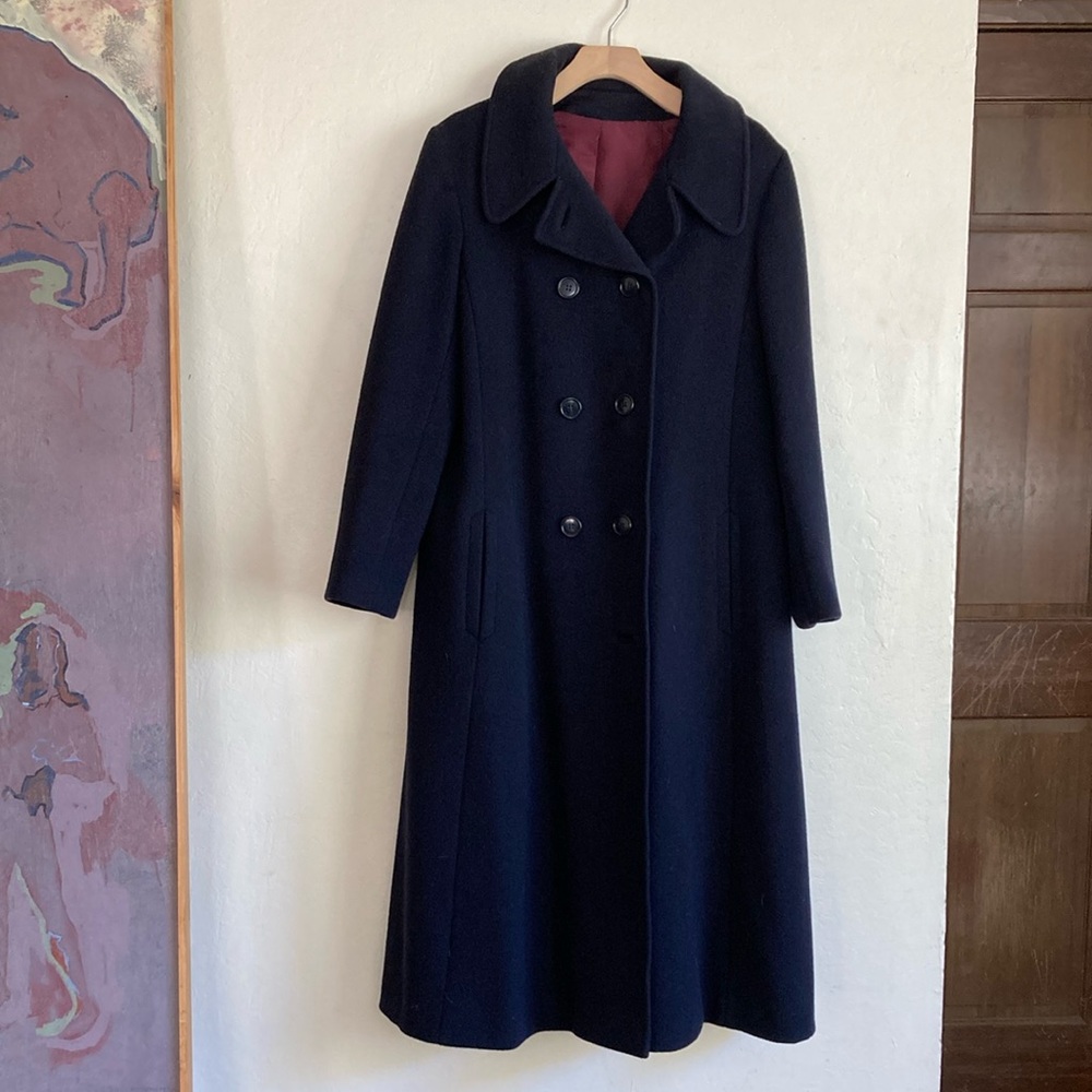 Talbots Vintage pure wool navy long trench coat double breasted Anglo Fabrics